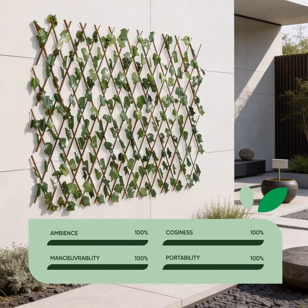 Gardenwize Solar Expandable Ivy Trellis with 100 Warm White LED Lights, Green Artificial Hedge Privacy Screen for Wall-Mounted Garden Screening – 4
