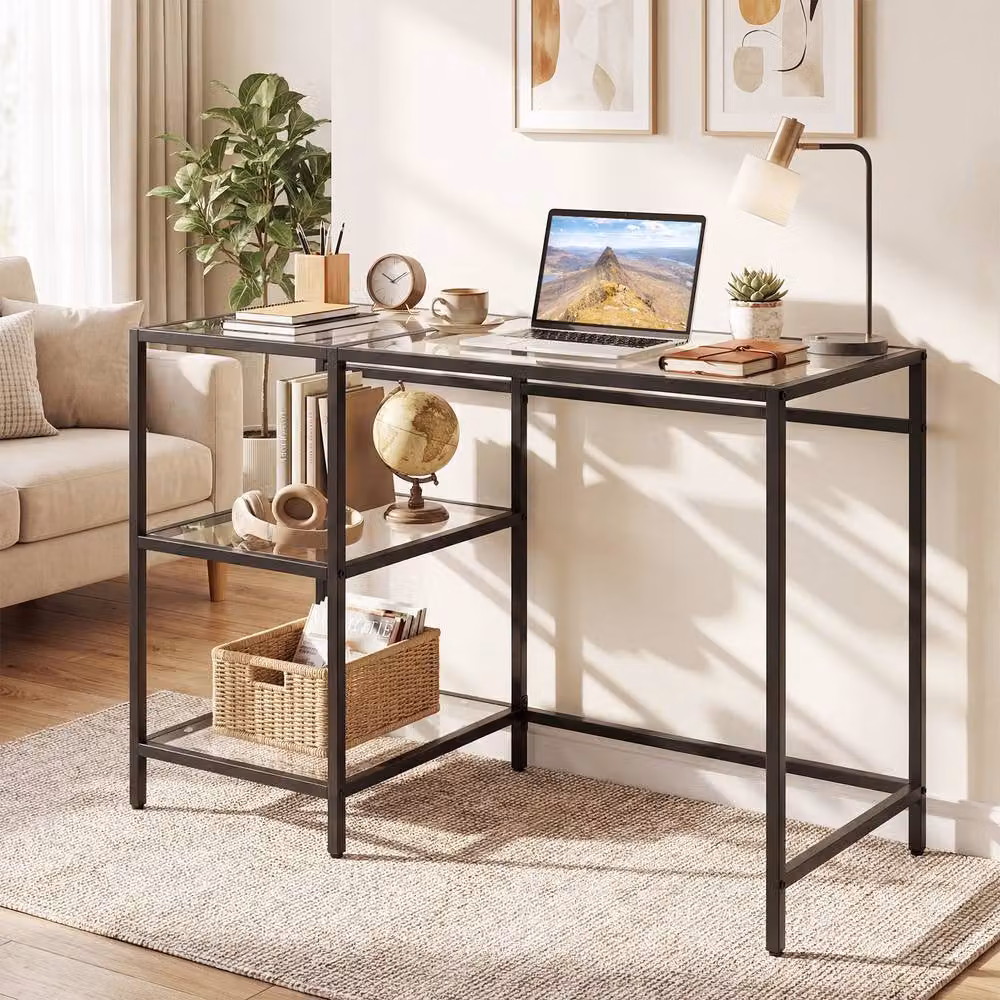 Gymax Modern Writing Desk with Tempered Glass Top and Metal Frame in Black and Transparent – 2