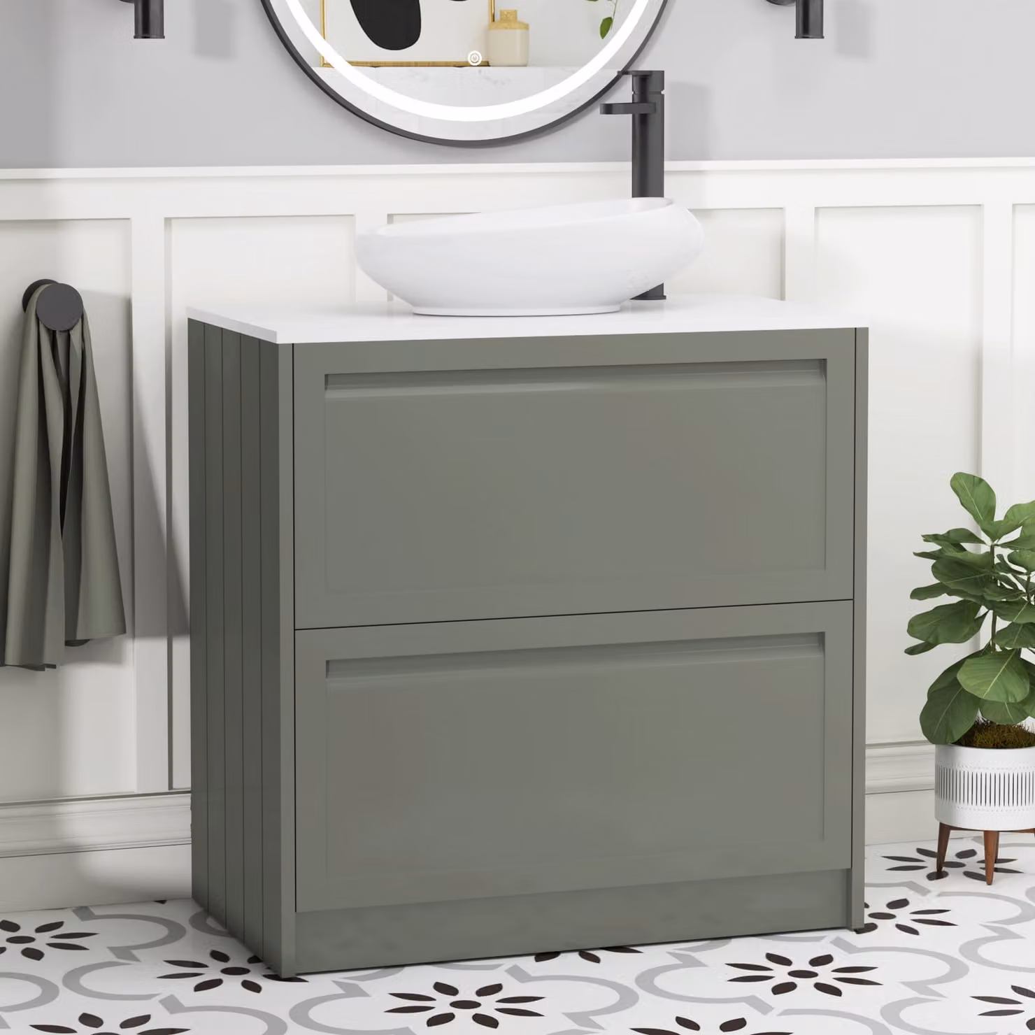 Royal Bathrooms Elmore Floor Standing Vanity Unit with Nova Basin, Matt Green and Plain White Worktop, Width: 80 cm