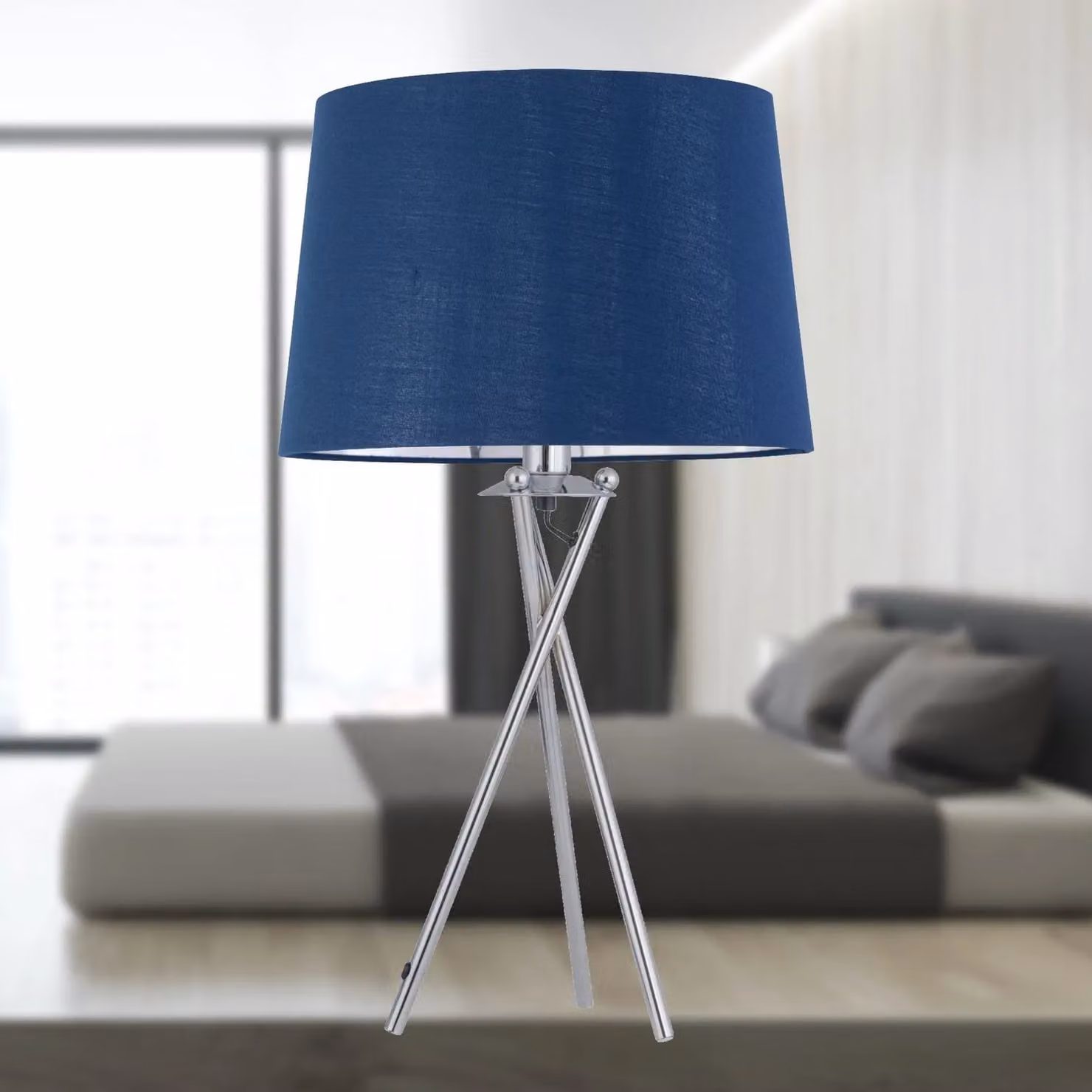 First Choice Lighting Tripod Chrome Lamp with Navy Blue and Silver Fabric Shade – 3