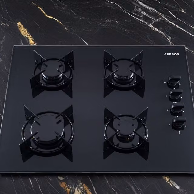 AREBOS Black Tempered Glass Gas Hob with 4 Burners