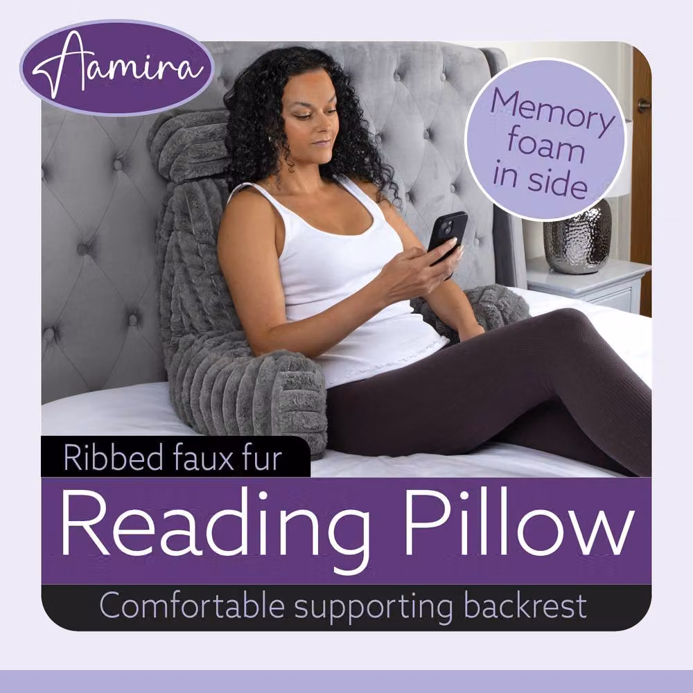 Aamira Grey Faux Fur Ribbed Memory Foam Reading Pillow Wedge Support Cushion W/D/H: 50 x 50 x 66 cm – 2