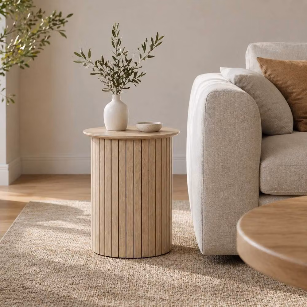 FORGEVIO Oak Effect Round Panelled Side Coffee Table in Beige, W/D/H: 50 x 40 x 40 cm – 2