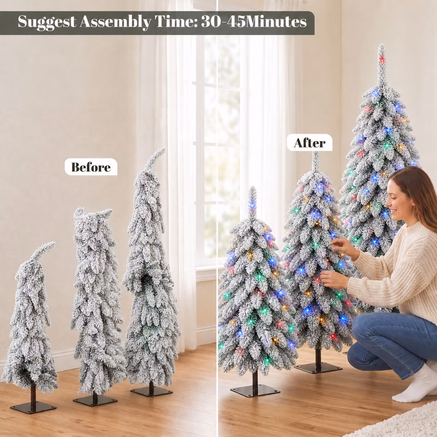 HOMCOM Set of 3 Snowy Pre-Lit LED Artificial Christmas Trees with PVC Branches in Green and White, H: 90 cm, H: 120 cm, H: 150 cm – 6