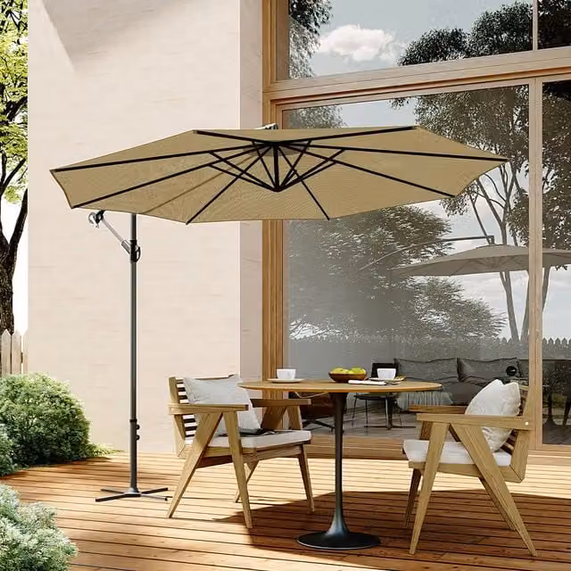 Livingandhome Freestanding Outdoor Garden Parasol Sunshade with Metal Cross Base in Beige and Brown