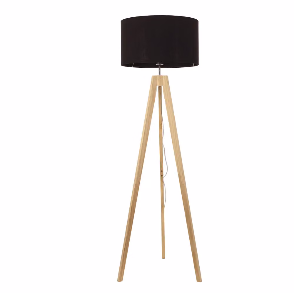 ValueLights Jackson Natural Wood Tripod Floor Lamp with Black Fabric Cylinder Shade – 2