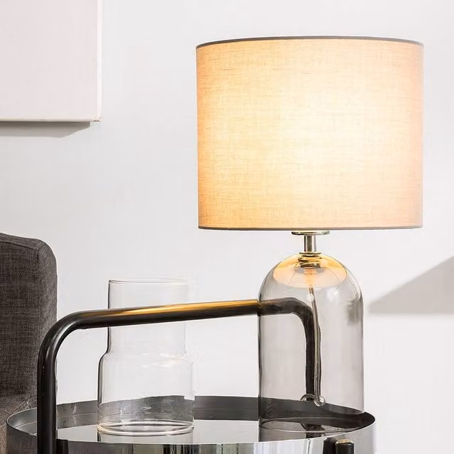 Wyld and Coco Modern Table Lamp with Transparent Glass Base and Grey Drum Shade