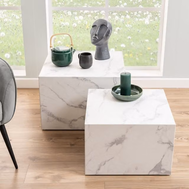 Furniture To Go Dice Square Coffee Table Set in White Carrara Marble – 1