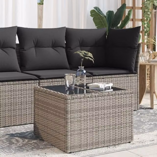 Berkfield Home Grey Poly Rattan Garden Table with Glass Top, W/D/H: 55 x 55 x 37 cm