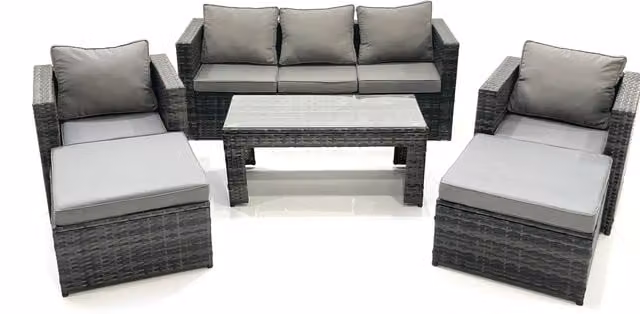 Fimous 7 Seater Rattan Outdoor Sofa Set in Dark Grey with Coffee Table, Armchairs and Ottomans