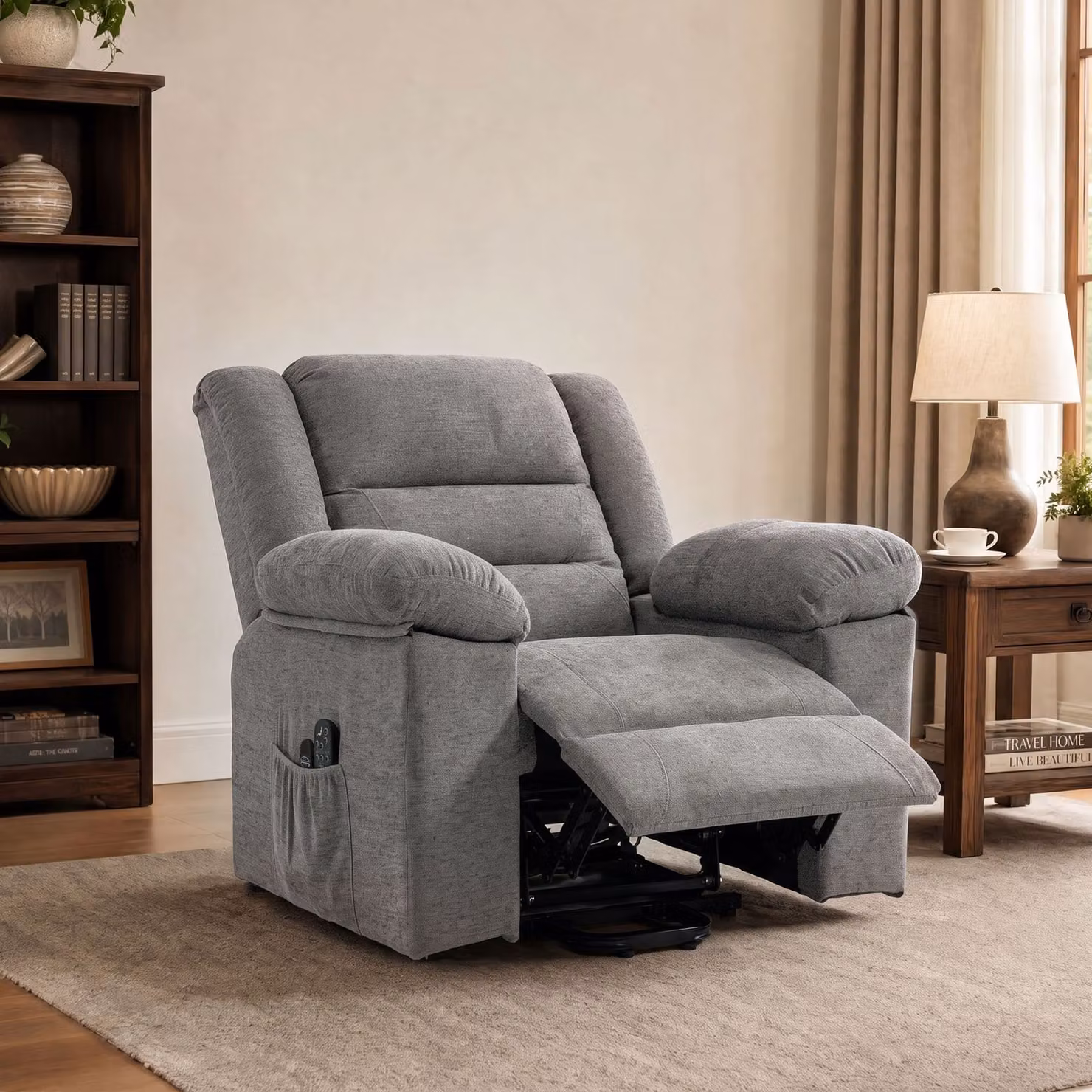 HOMCOM Oversized Grey Fabric Riser Recliner Chair with Massage, Heat and Power Lift Assist for Seniors – 6