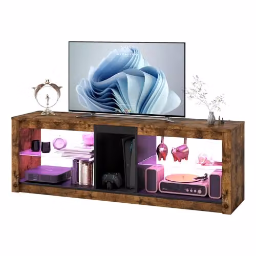 Levede Modern Brown TV Stand with RGB LED Lights and Glass Shelf, W: 140 cm, D: 47 cm, H: 47 cm – 9