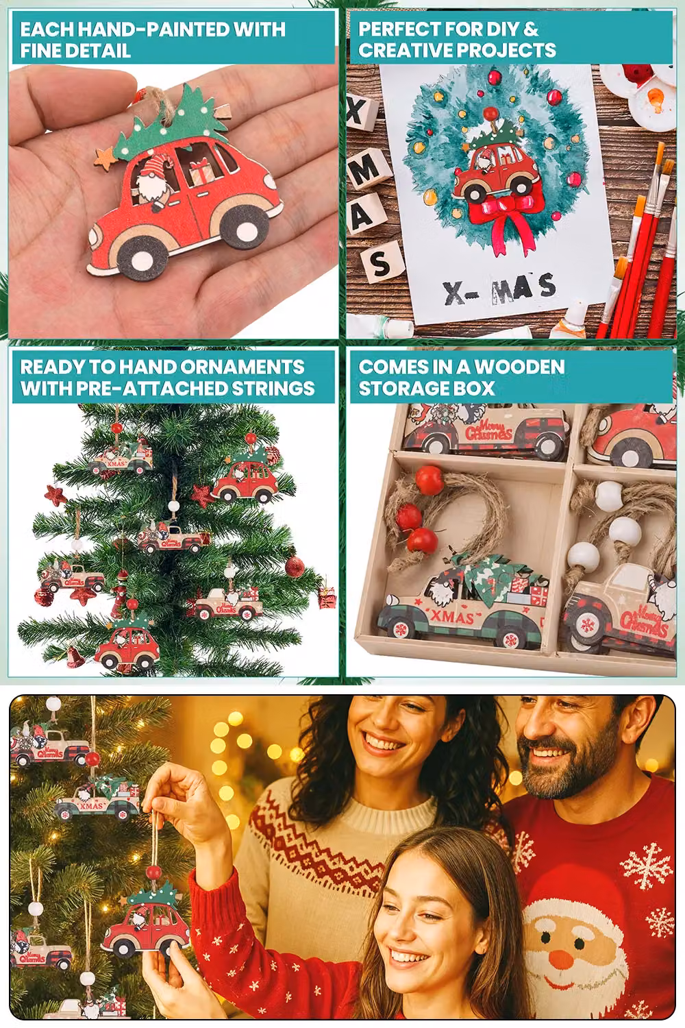 Neel Blue Car Design Wooden Christmas Tree Ornaments, 12pcs, Multicolour – 3