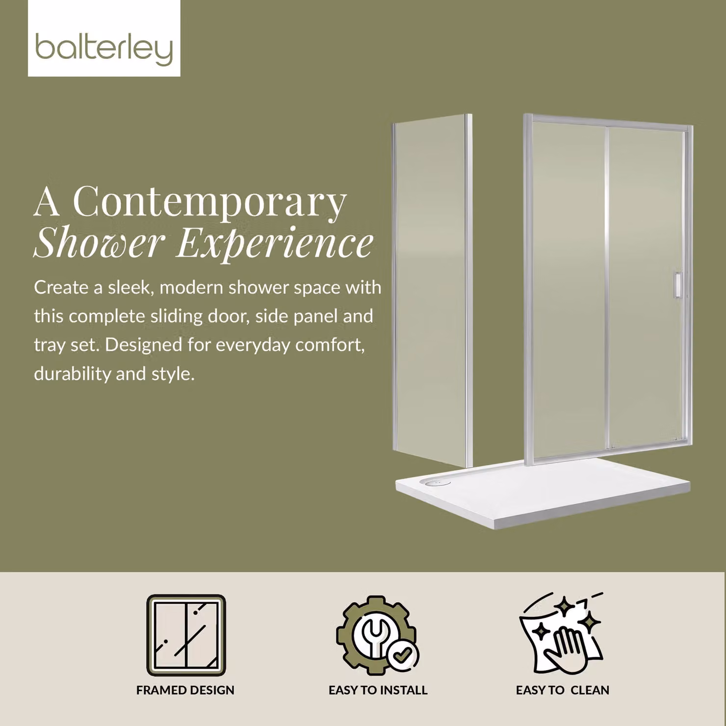 Balterley Ruwa Sliding Corner Shower Suite with 6mm Glass Tray and Door Panel, Silver, W: 1000 mm, D: 760 mm, H: 1900 mm – 2