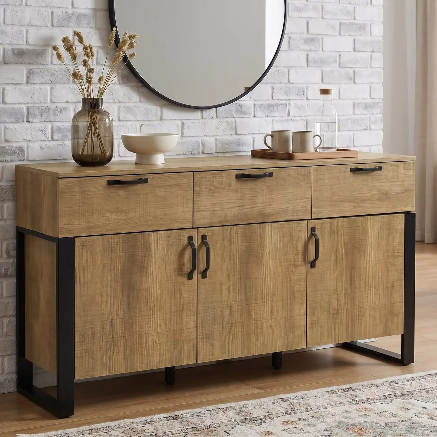 Ironmere Oak-Effect Large Sideboard Cabinet with 3 Doors and 3 Drawers in Brown and Black, W/D/H: 150 x 40 x 80 cm