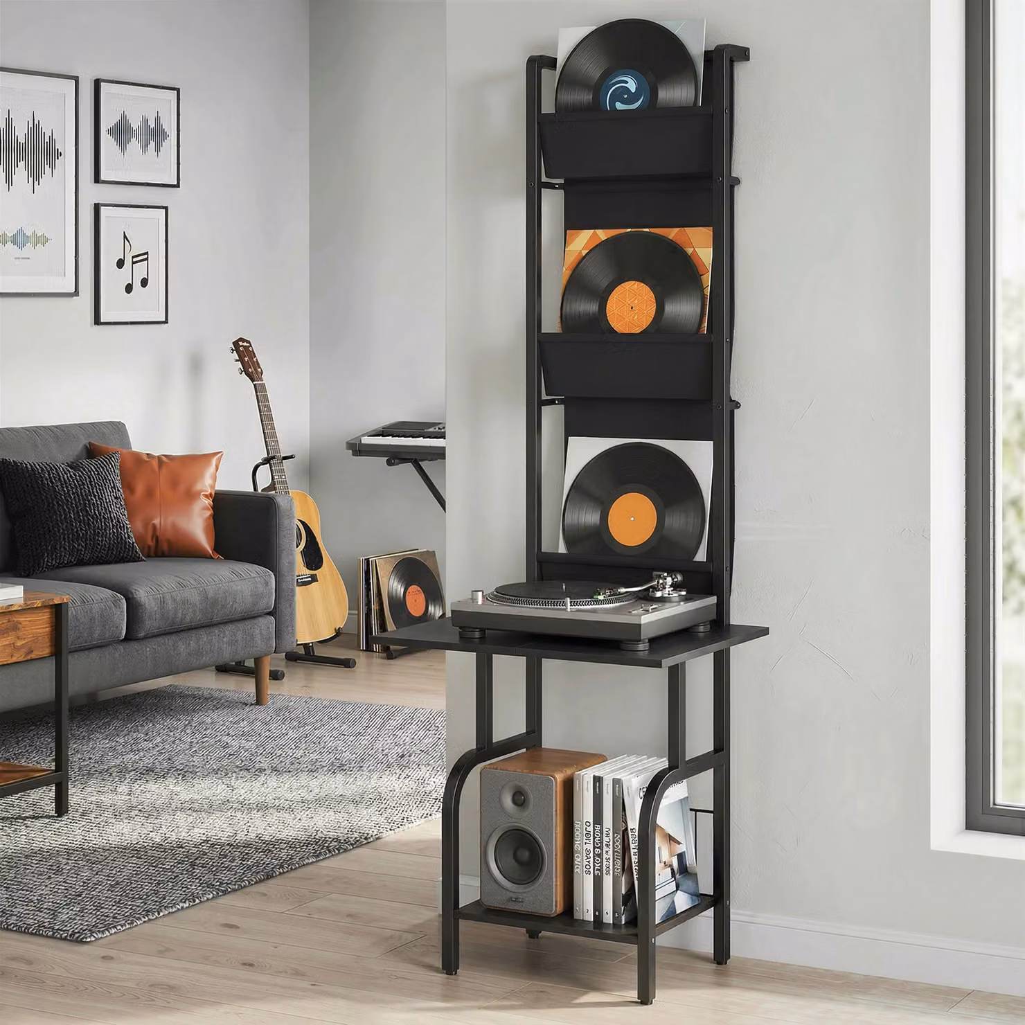HOMCOM Black Vinyl Record Player Stand with Oxford Fabric Pockets and Bottom Shelf – 8
