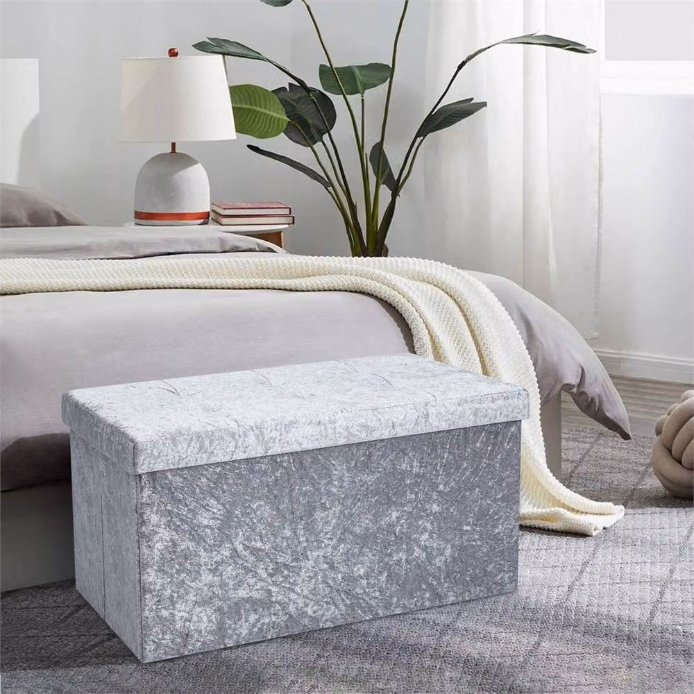 EONLION Grey Velvet Foldable Double Bed with Storage Box for 2 Adults, W/D/H: 150 x 76 x 38 cm – 4