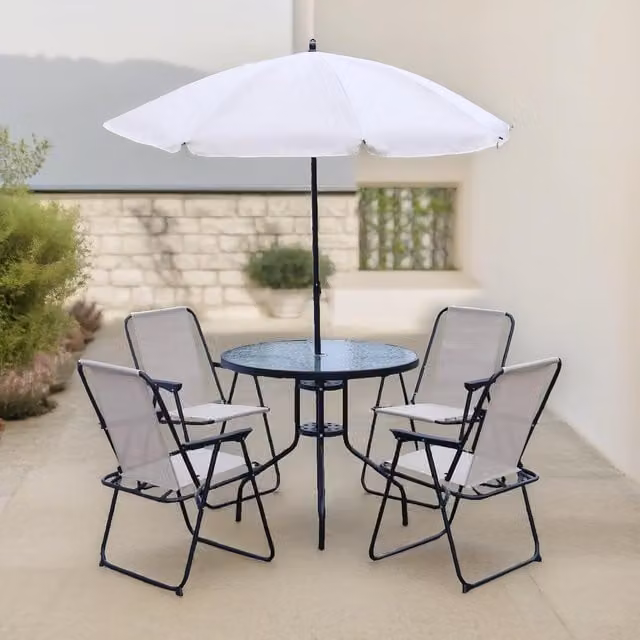 FURNOS 6 Piece Bistro Set with 4 Chairs, Table and Parasol in Cream and Beige