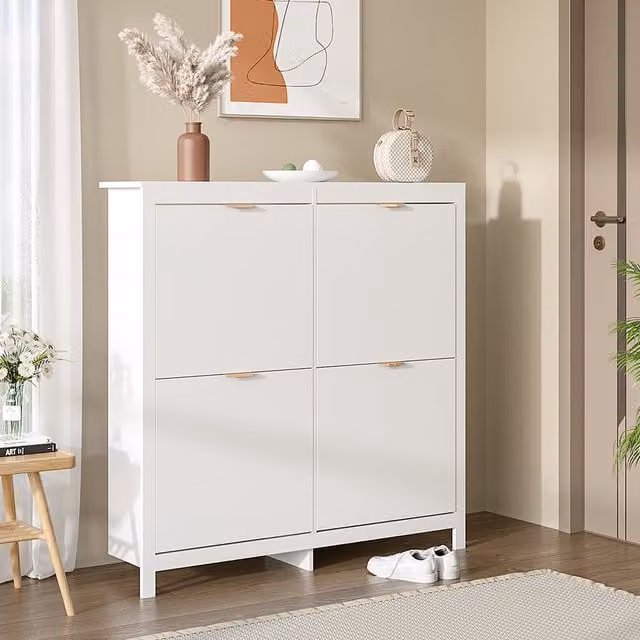 Livingandhome Modern White Wood Flip Down Shoe Cabinet with Tilting Compartments