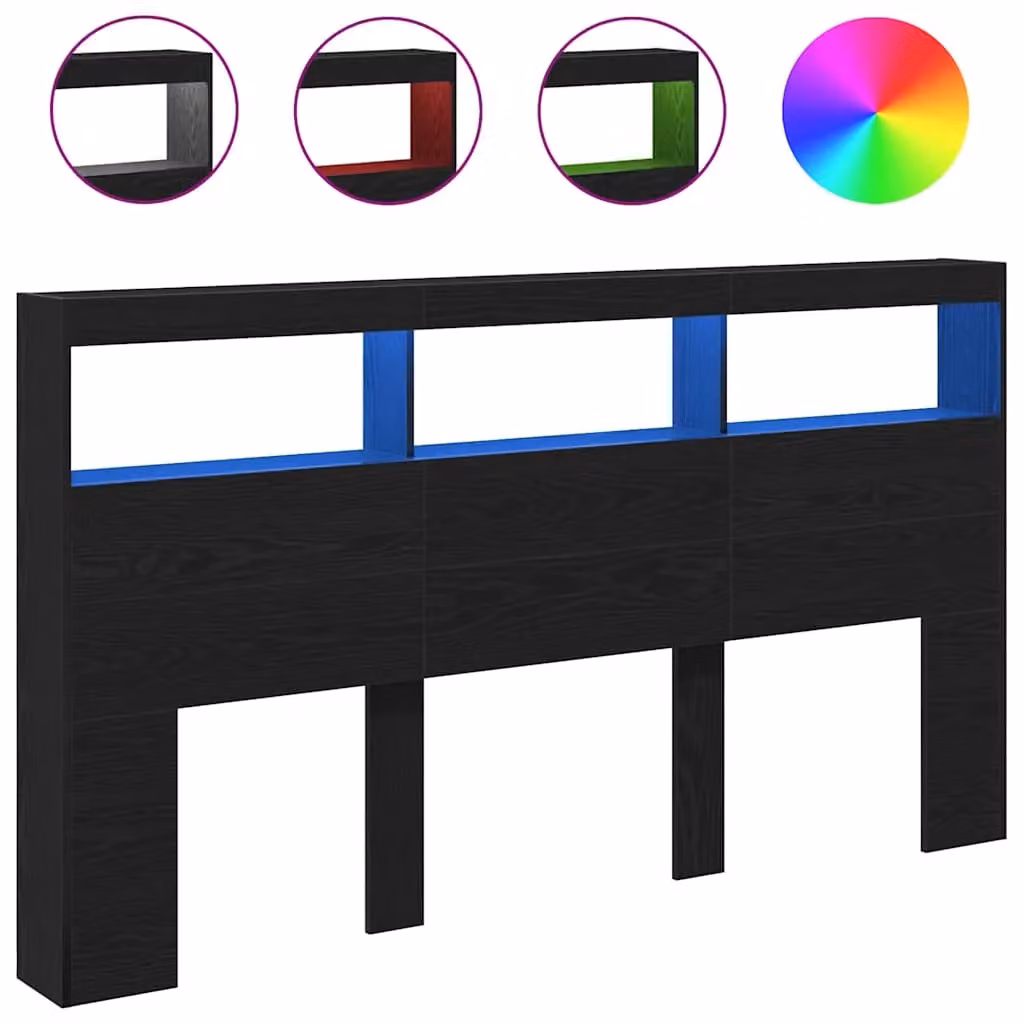 Berkfield Home Modern Black Oak Headboard Cabinet with LED Lighting and USB Charging Port, W/D/H: 180 x 17 x 102 cm – 2