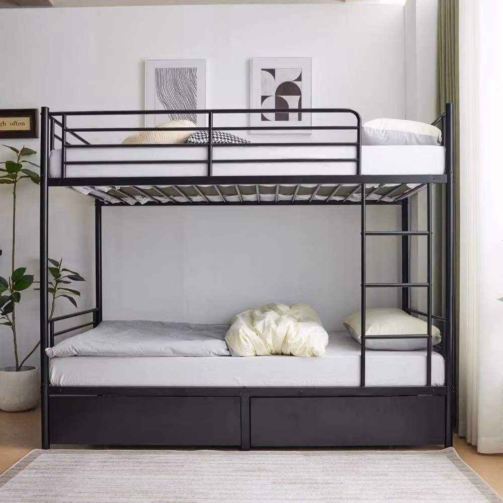 FLAVORA Metal Loft Bunk Bed Frame with Drawers and Ladder in Black, Cot Size – 4