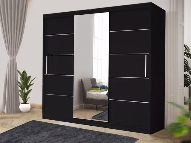 RAC3 Oslo Modern Oak Sliding Bedroom Wardrobe with Mirror and Drawers in Black, Width: 250 cm