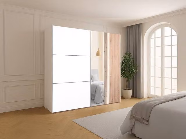Vente-unique Sliding Door Wardrobe with Mirror and Integrated Drawers, White and Mixed Wood, Width: 250 cm