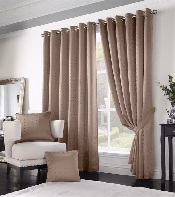 Luxury Living Adi Lined Ring Top Eyelet Curtains in Beige, Width: 168 cm, Drop: 137 cm – 1