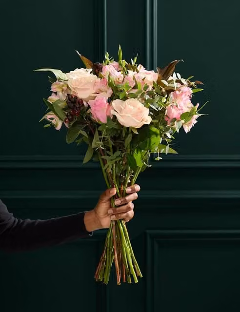 M&S Flower Market Vintage Rose, Hypericum and Eucalyptus Bouquet in Pink and Green