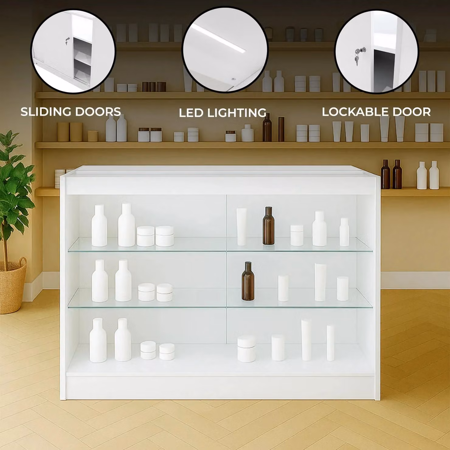 Monstershop K1200 LED Retail Shop Counter in White with Glass Doors and Integrated Lighting – 2