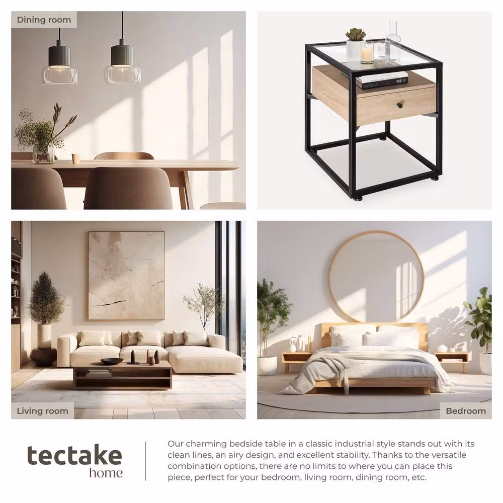 tectake Nightstand with Glass Surface and Drawer in Light Oak – 6