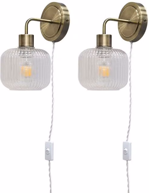 First Choice Lighting Toby Set of 2 Plug in Wall Lights in Antique Brass with Transparent Glass Shades