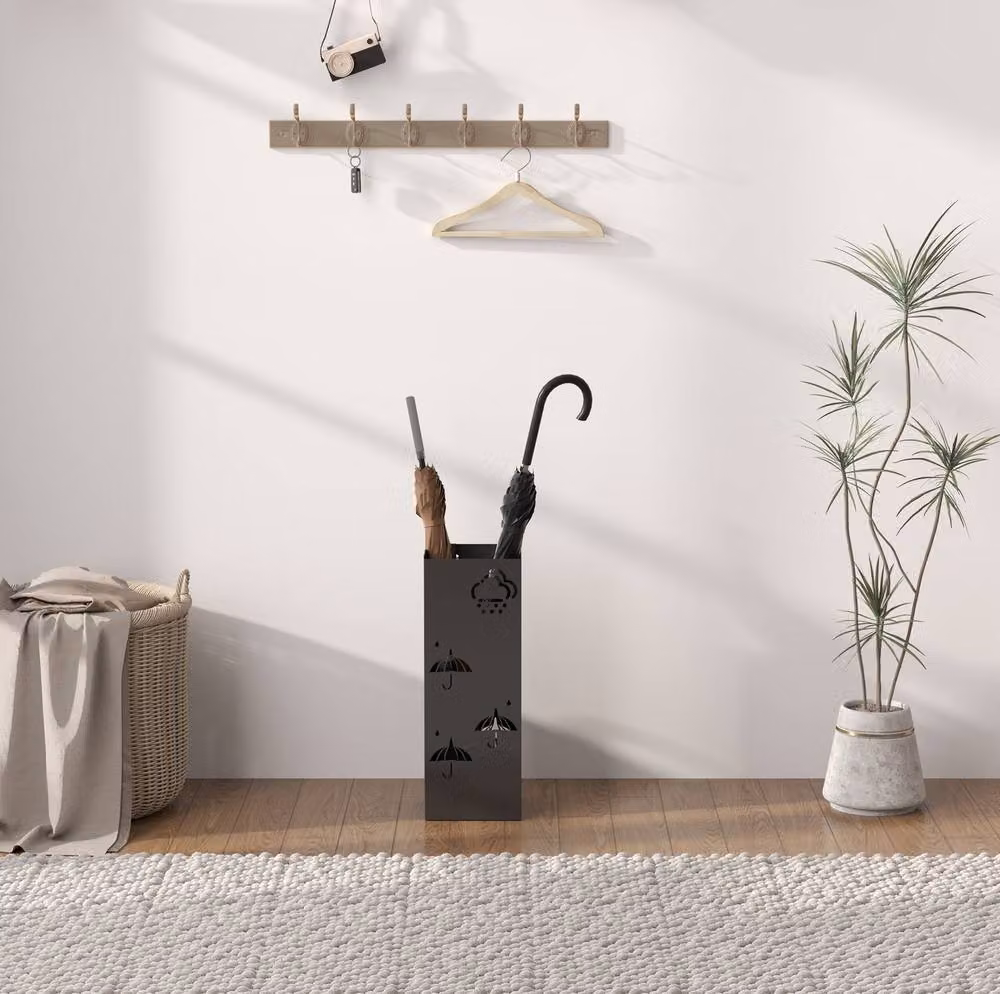 STILVORA Black Metal Umbrella Stand with Removable Drip Tray and 4 Hooks – 2
