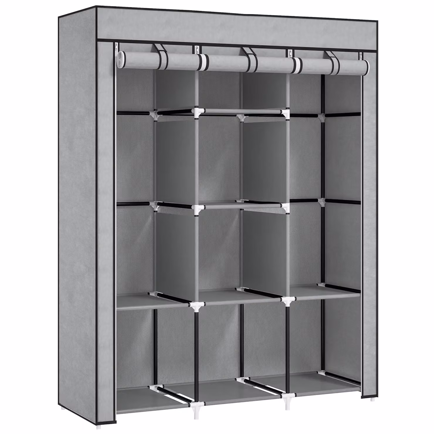 HOMCOM Portable Fabric Wardrobe with 8 Shelves and 2 Hanging Rails in Grey, H 162.5 x W 103.0 cm – 2
