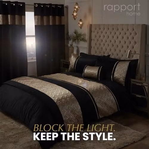 Rapport Home Capri Blackout Eyelet Curtains Pair in Black and Gold, Thermal Insulating Velvet Polyester, W: 180 cm, H: 182 cm – 2