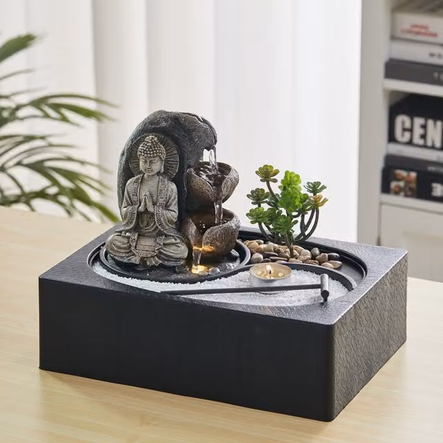 Livingandhome Tranquil Buddha Tabletop Water Feature in Black