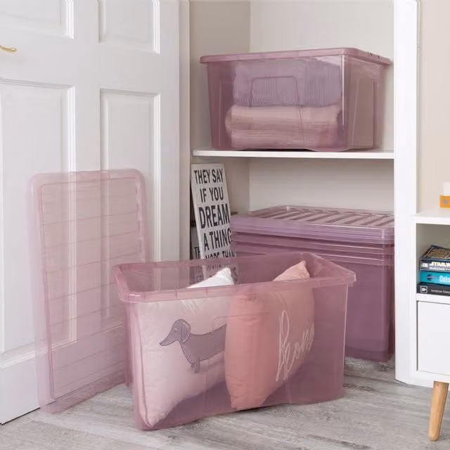 Wham Crystal 5 x 60L Plastic Storage Boxes with Lids, Pink