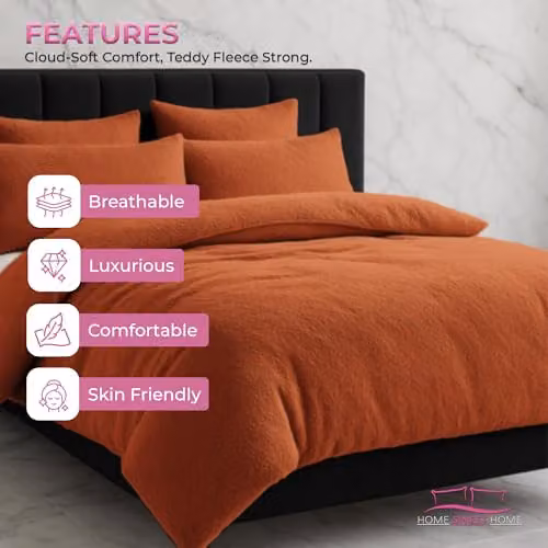 Home Sweet Home UK Teddy Bear Fleece Duvet Cover and Pillowcase Set in Orange, Single – 4