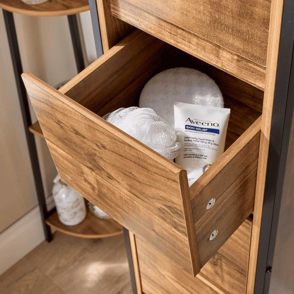 FORGEVIO Brown Bathroom Cabinet Storage Tall Floor Unit with 5 Drawers and Metal Frame – 3