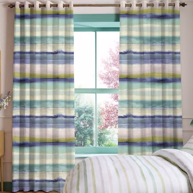 Bluebellgray Hebrides Made To Measure Blackout Eyelet Curtains in Atlantic Blue and Turquoise Striped Cotton