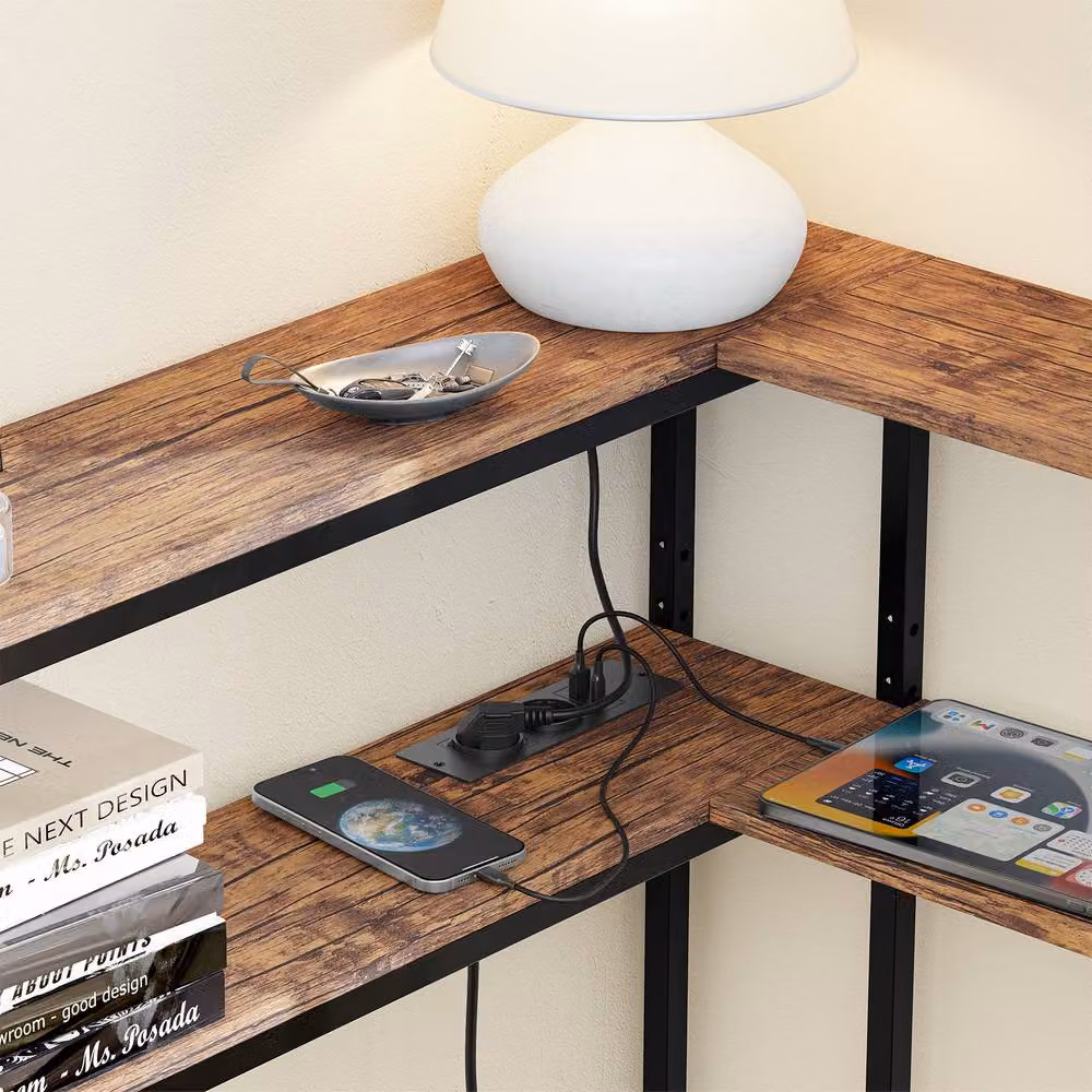 SoBuy L-Shaped Industrial Console Table with Integrated Power Socket in Brown and Black – 5