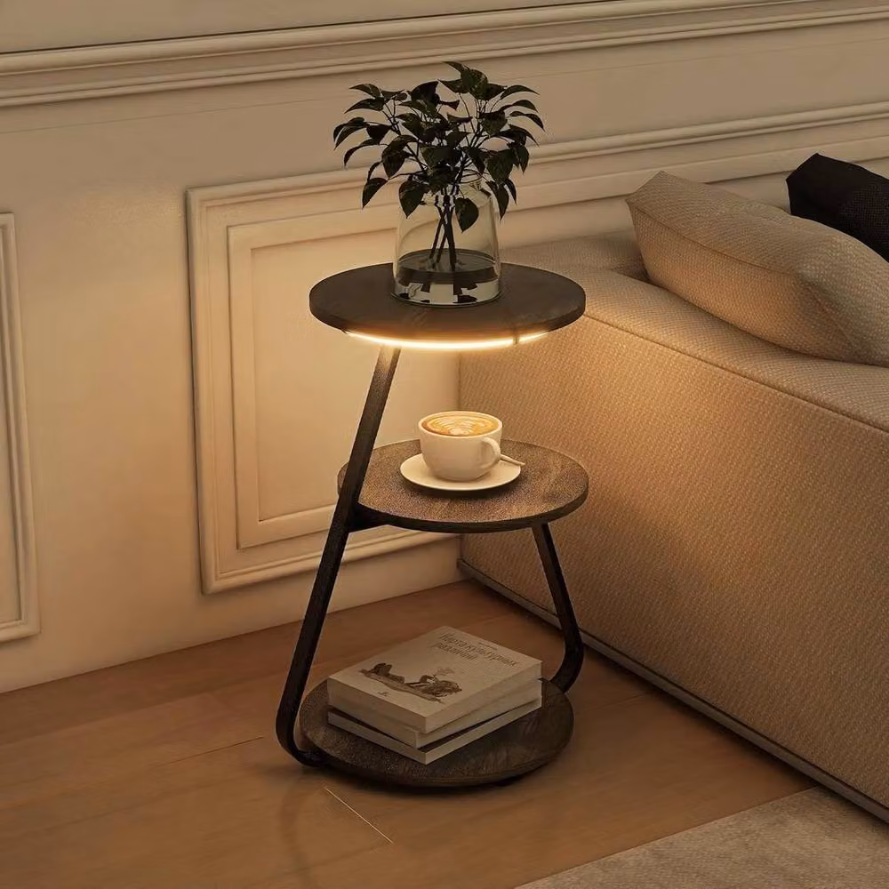 FORGEVIO 3 Tier Small Round Side End Table with Built-in 3 Colour LED Lights in Grey – 3