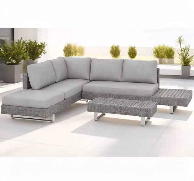 ERGOVEXA Three-Piece L-Shape Rattan Garden Sofa Set with Cushions in Grey