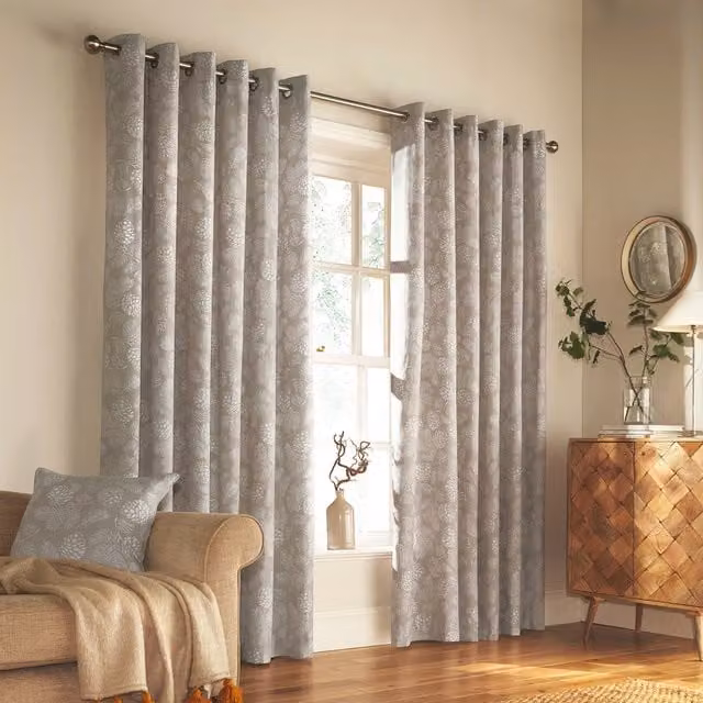 Make It A Home Woodland Floral Eyelet Curtain Pair in Beige and Grey