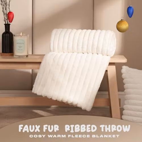 OHS White Faux Fur Ribbed Fleece Throw Blanket, W/D/H: 125 x 150 cm – 2