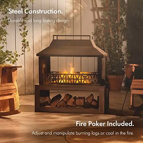 VonHaus Steel Chiminea Outdoor Fireplace with Wood Store in Black, H 90.0 cm x W 82.0 cm x D 45.0 cm – 2