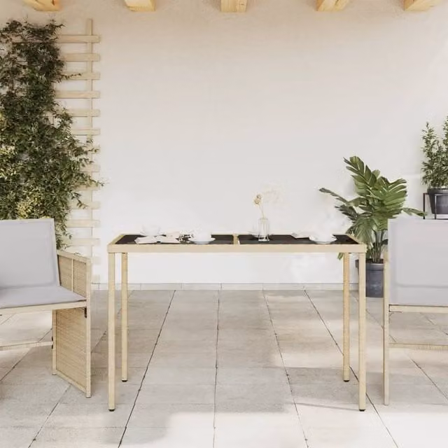 Berkfield Home Beige Poly Rattan Garden Table with Glass Top, W: 115 cm, D: 54 cm, H: 74 cm