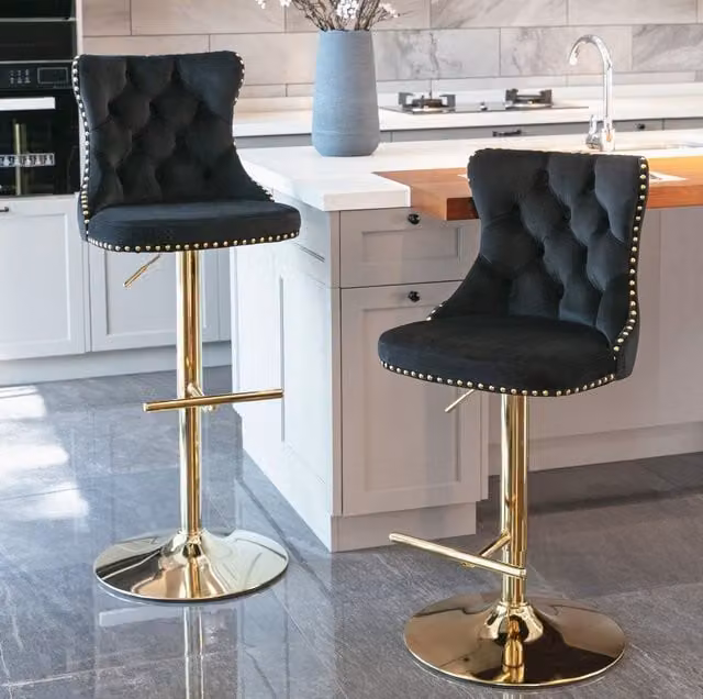 HomeTouch Set of 4 Luxury Black and Gold Velvet Swivel Bar Stools