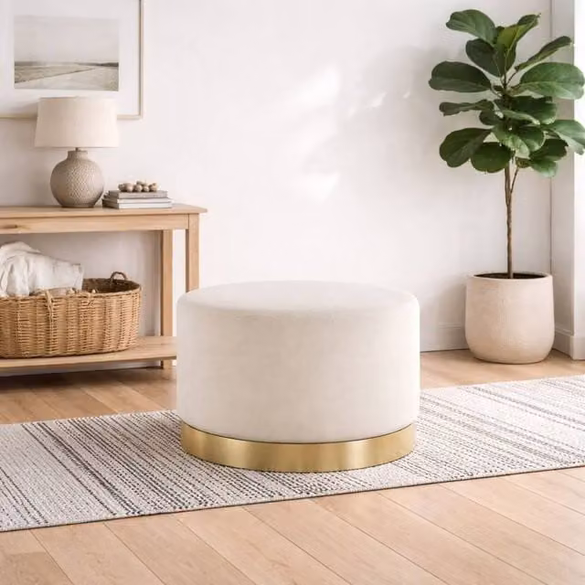 Wyld Haus Kalua Large Cream Velvet Stool with Brushed Gold Metal Base – 1