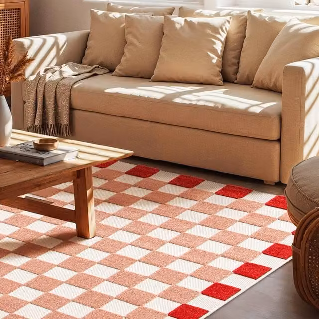 sweeek Checkered Pink and Red Indoor/Outdoor Rug, W/D: 80 x 150 cm